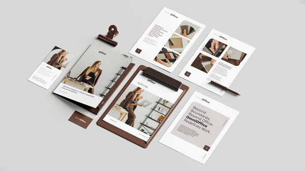 Verschiedene Druckprodukte im Corporate Design auf grauem Hintergrund.